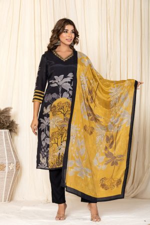 ZRI Black Modal Printed Straight Suit Set – 2600