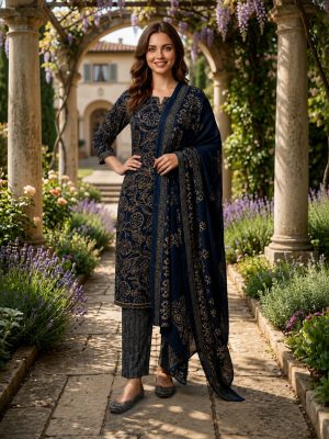 ZRI Navy Blue Printed And Embellished Kurta Suit Set - T3957