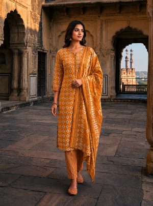 ZRI Mustard Printed And Embellished Kurta Suit Set - T3954
