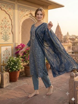 ZRI Navy Blue Printed And Embellished Kurta Suit Set - T3959