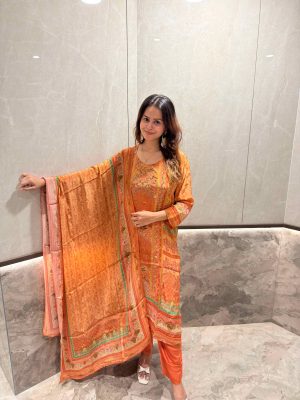 ZRI Orange Crape Printed And Embellished Kurta Suit Set