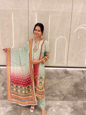 ZRI Sage Green Crape Printed And Embellished Kurta Suit Set