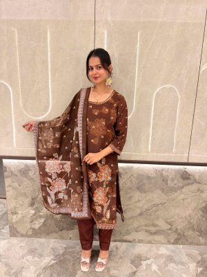 ZRI Brown Crape Printed And Embellished Kurta Suit Set