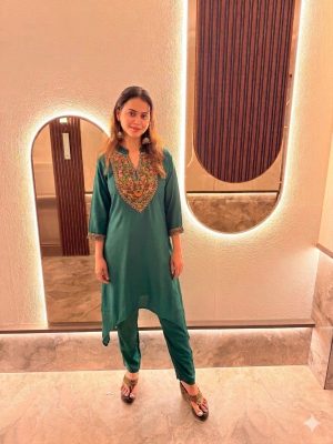 ZRI Bottle Green Crape Embroidered Co-Ord Set