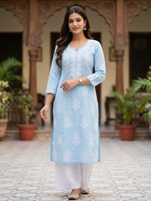 ZRI Powder Blue Embroidered Kurta - T3939