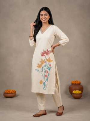 Women Cream Embroidered Kurta