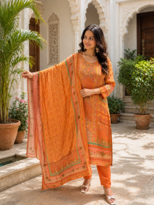 Women Orange Crape Printed And Embellished Kurta Suit Set