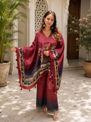 Women Ruby Crape Printed And Embellished Kaftan Set
