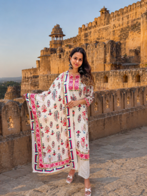 Women Off White Crape Printed And Embellished Kurta Suit Set