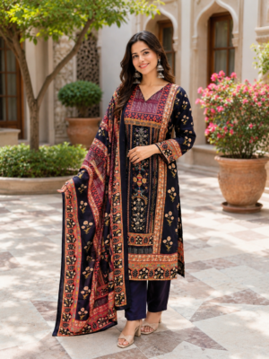 Women Wine Crape Printed And Embellished Kurta Suit Set