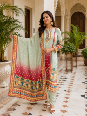 Women Sage Green Crape Printed And Embellished Kurta Suit Set
