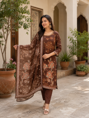 Women Brown Crape Printed And Embellished Kurta Suit Set