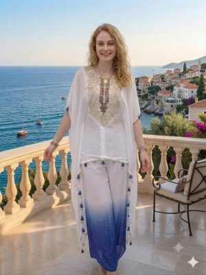ZRI White Embroidered And Embellished Kaftan Set - T3861
