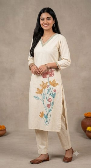 ZRI Cream Embroidered Kurta - T3941