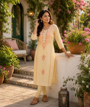 Women Cream Embroidered Kurta