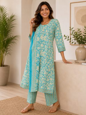 ZRI Sky Blue Printed And Embellished Kurta Suit Set -T3955
