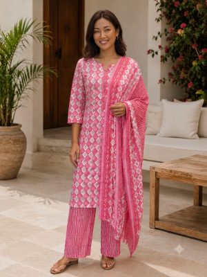 ZRI Pink Printed And Embellished Kurta Suit Set - T3953