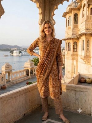 ZRI Brown Printed And Embellished Kurta Suit Set T3958