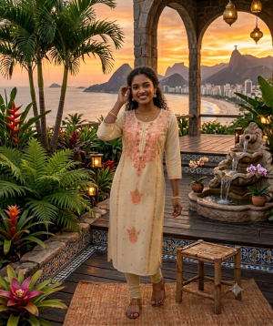 ZRI Cream Embroidered Kurta - T3838