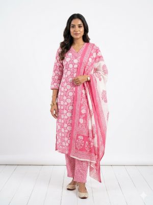 Women Pink Printed And Embellished Kurta Suit Set