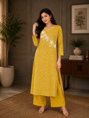 Women Mustard Printed & Embroidered Kurta Pant Set