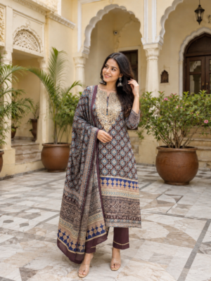 Women Red Printed & Embellished 3 Pcs. Set