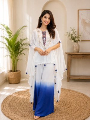 Women White Embroidered And Embellished Kaftan Set