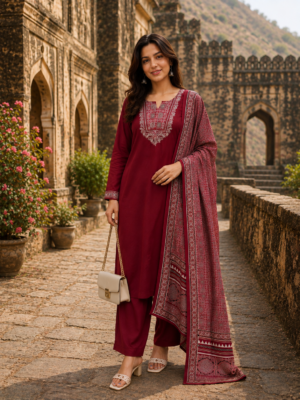 Women Maroon Printed & Embellished Kurta Suit Set