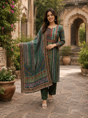 Women Bottle Green Printed & Embellished Kurta Suit Set