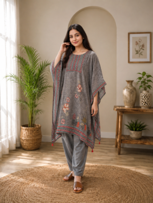 Women Grey Printed & Embellished Kaftan Set