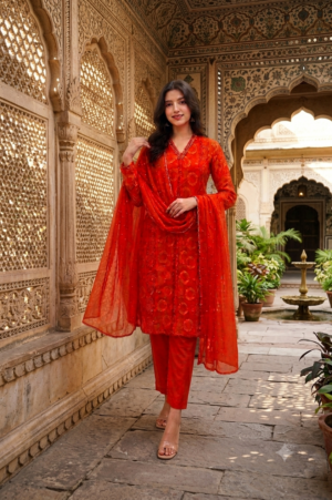 Women Rust Printed & Embellished Kurta Suit Set