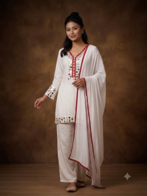 Women White Mirror Work Kurta Palazzo 3 Pcs. Set