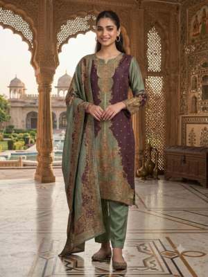 Women Sage Green Printed & Embellished Kurta Suit Set