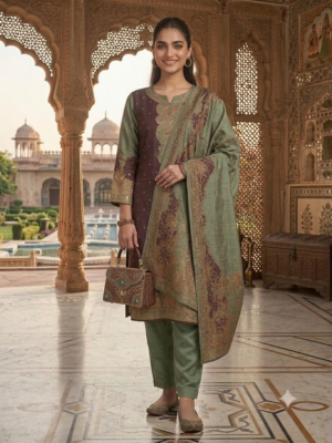 Women Sage Green Printed & Embellished Kurta Suit Set