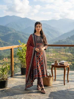 Women Coffee Printed & Embellished 3 Pcs. Set