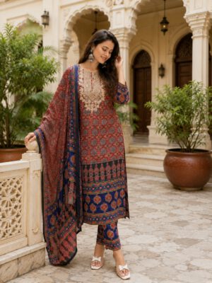 Women Brown Printed & Embellished 3 Pcs. Set