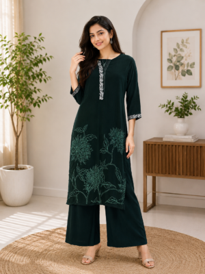Women Bottle Green Printed & Embroidered Kurta Pant Set