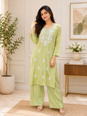 Women Pista Green Embellished Kurta Pant Set