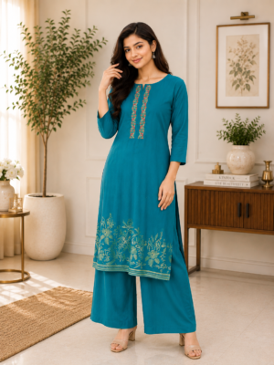 Women Sky Blue Printed & Embroidered Kurta Pant Set
